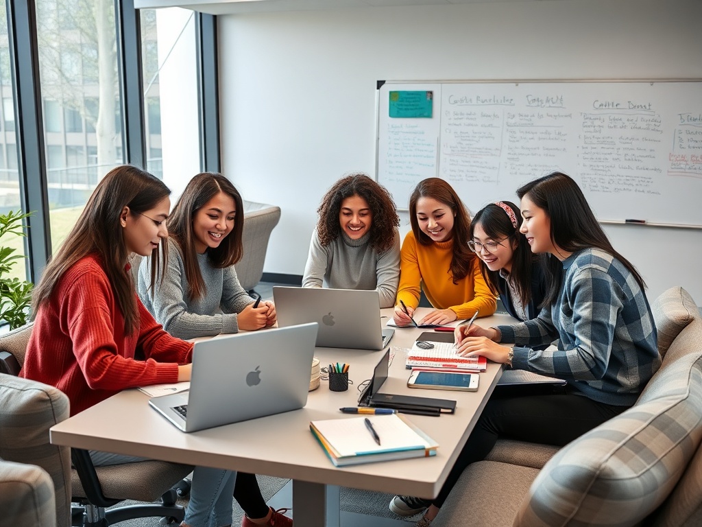 Группа из шести девушек работает вместе за столом, используя ноутбуки и записные книжки.