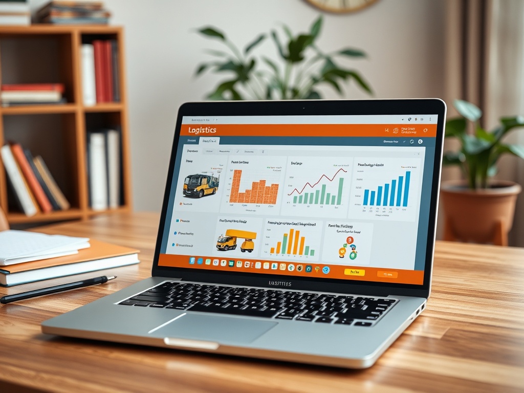 Ноутбук с графиками и диаграммами в интерфейсе для логистики, на столе с книгами и растением на заднем плане.