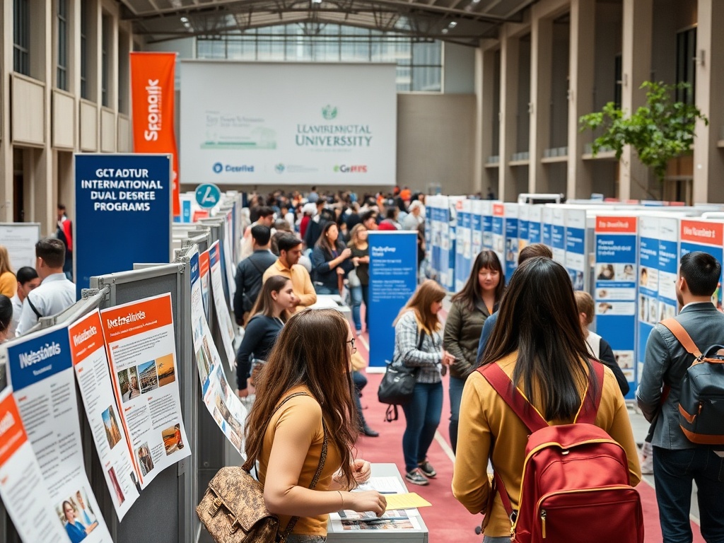 Выставка информации о международных программах на кампусе университета, много студентов и стендов.